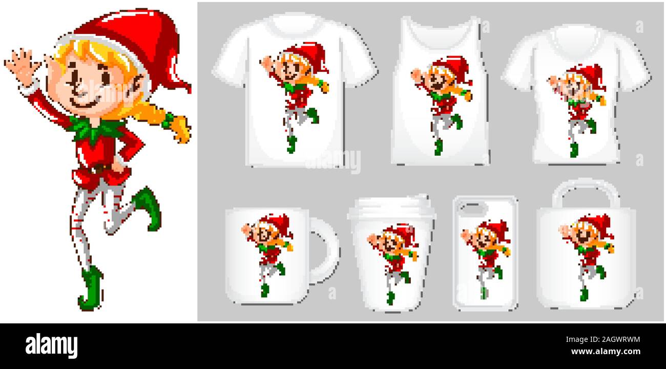 Tema Natale con elf sui modelli di prodotto illustrazione Illustrazione Vettoriale