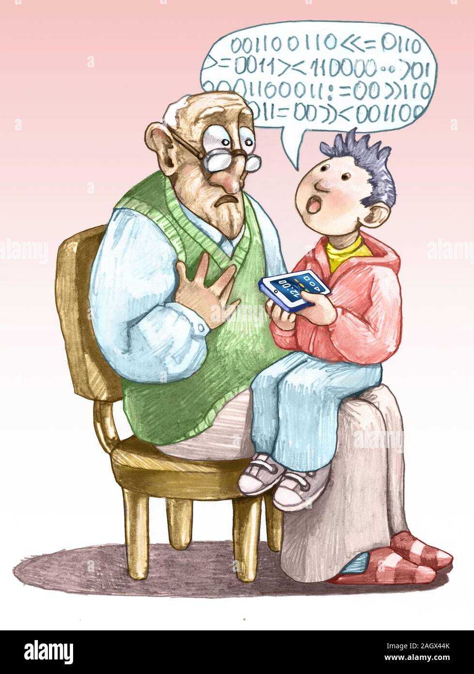 Il nonno con un viso sconvolto tiene sulle ginocchia nipote che parla una lingua tecnologica tenendo lo smartphone matita umoristico disegnare Foto Stock