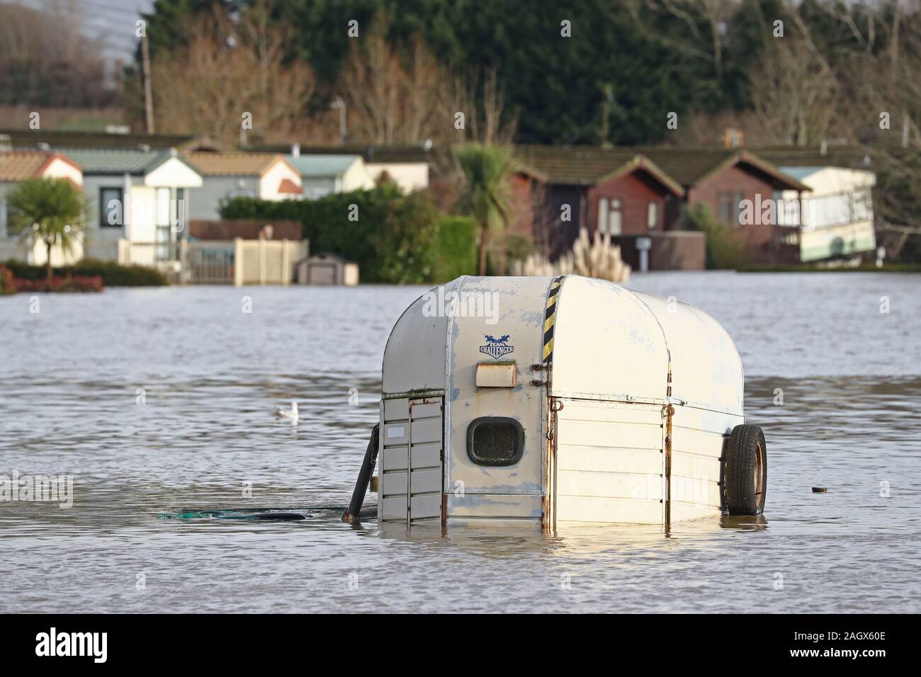 Un box per cavallo immersi in alluvioni a Little Venice Caravan Park in Yalding, Kent, dopo forti piogge che ha sconvolto il Natale dei piani di viaggio di milioni. Foto Stock