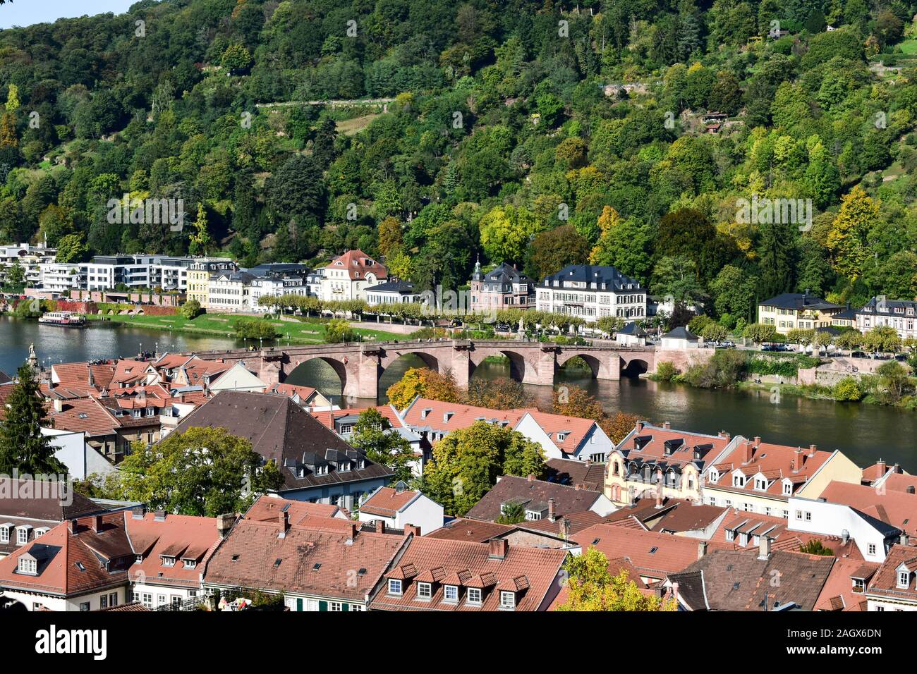 Veduta aerea panoramica di Heidelberg con vecchio ponte sul fiume Neckar. Foto Stock