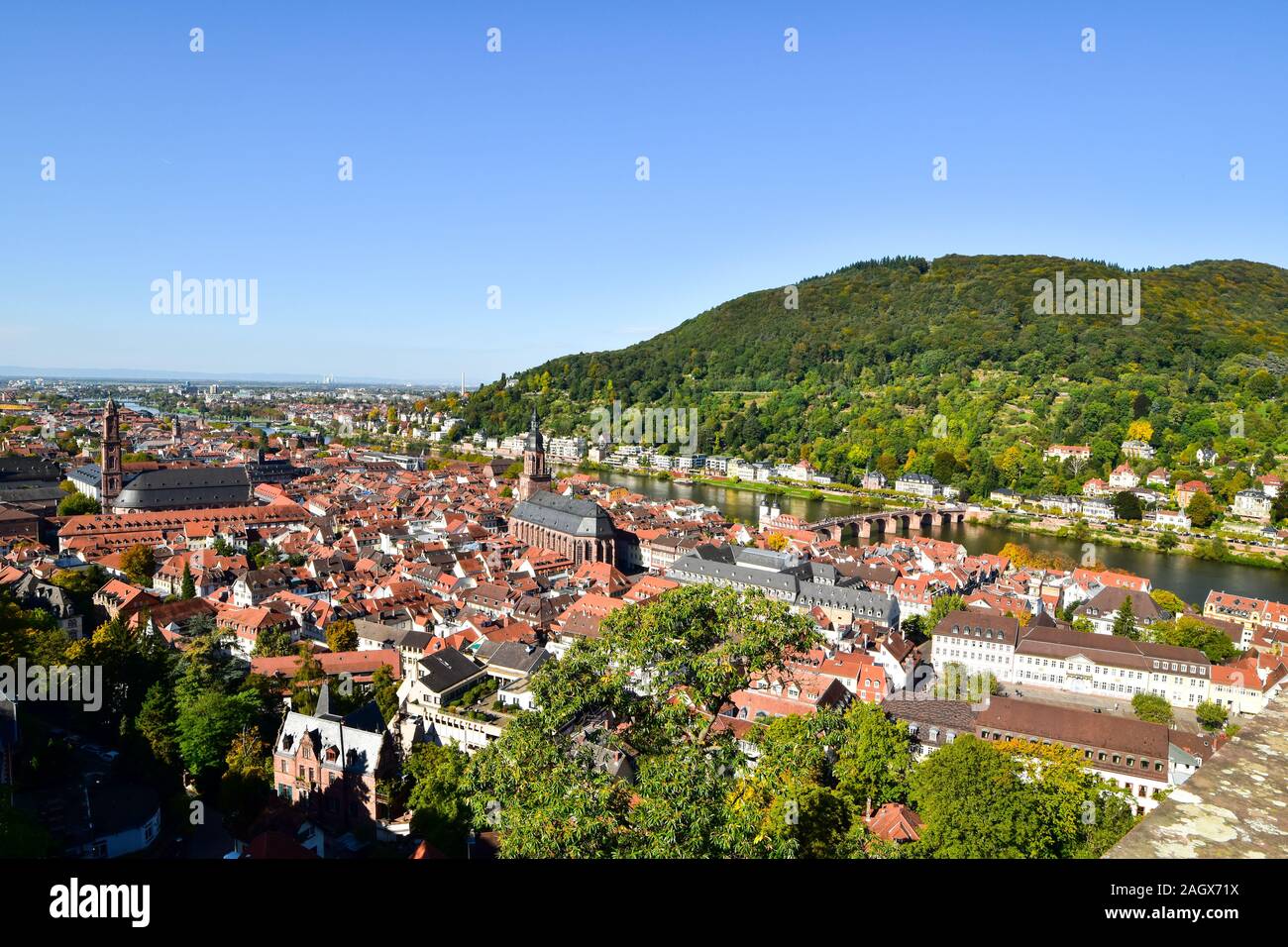 Veduta aerea panoramica di Heidelberg con vecchio ponte sul fiume Neckar. Foto Stock