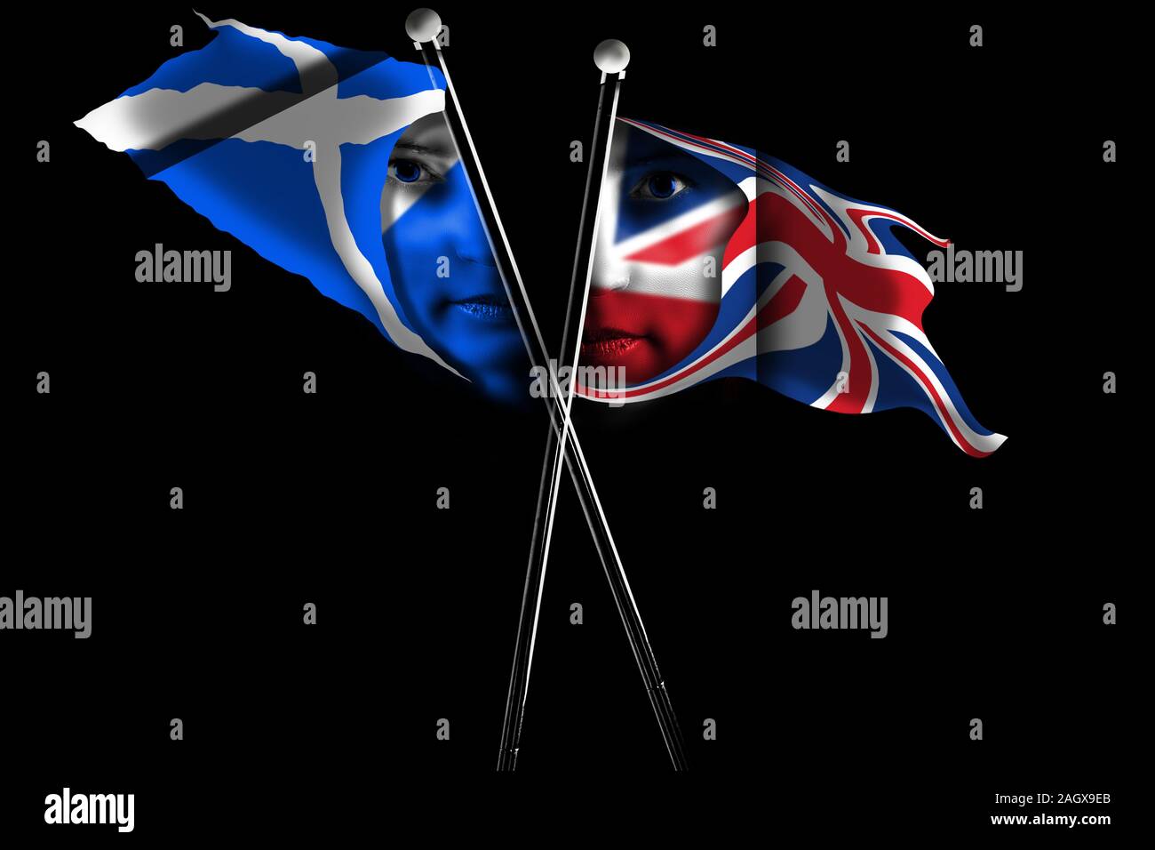 Scozia bandiera e Union Jack dipinto sul volto umano isolato su sfondo nero. Foto Stock