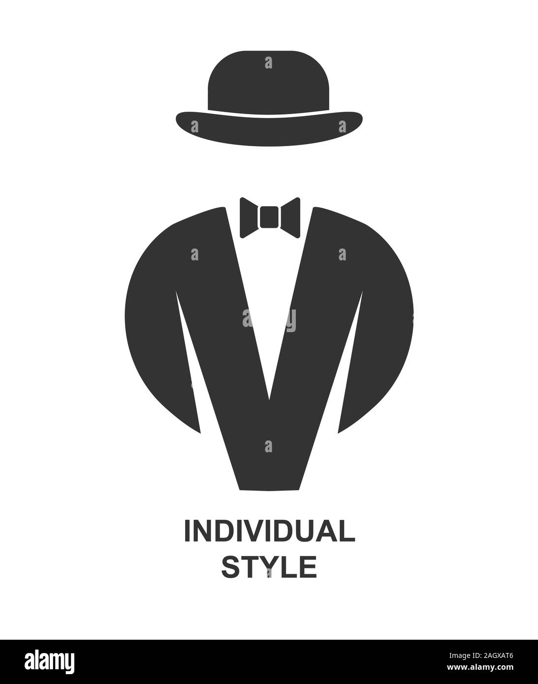 Creative moda uomo marca. tailcoat con il filtro bow tie e cappello bowler.. Isolato su sfondo bianco in stile appartamento. Illustrazione Vettoriale