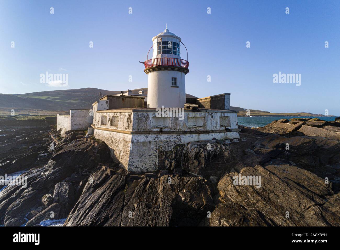 Valentia Island Lighthouse, Cromwell punto, Valentia Island, nella contea di Kerry, Irlanda Foto Stock