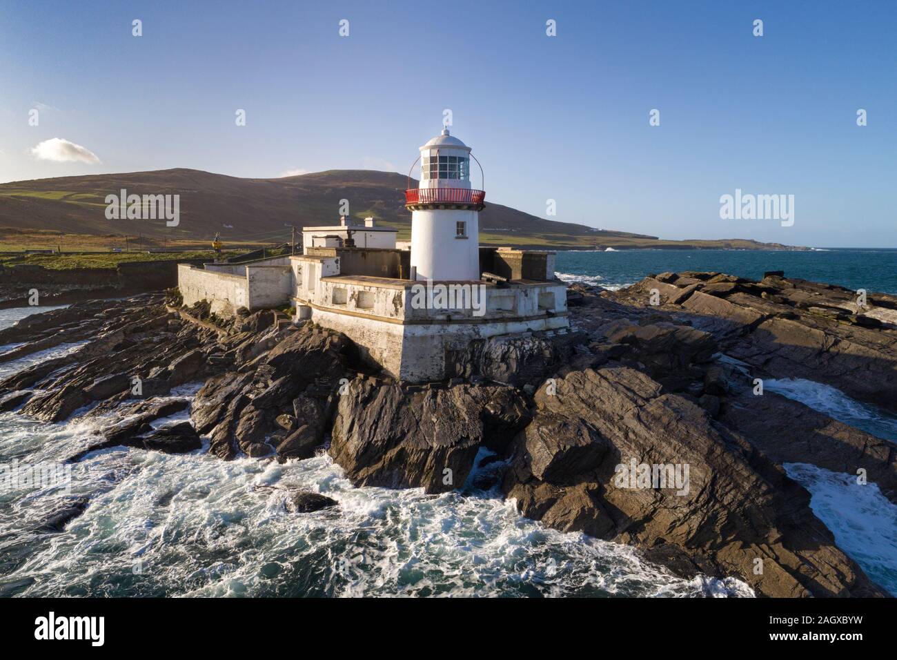 Valentia Island Lighthouse, Cromwell punto, Valentia Island, nella contea di Kerry, Irlanda Foto Stock