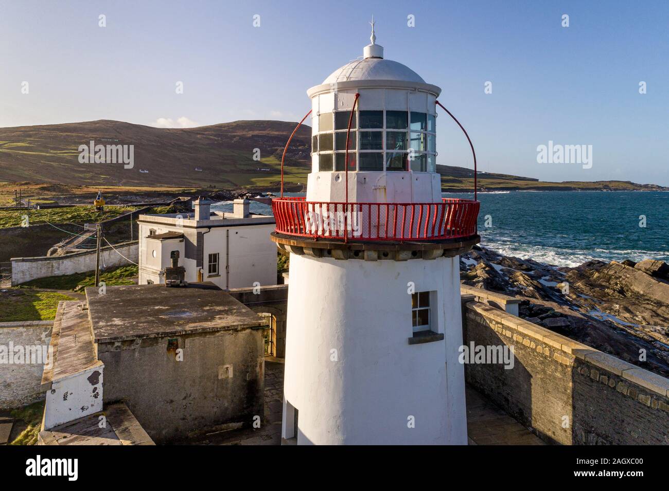 Valentia Island Lighthouse, Cromwell punto, Valentia Island, nella contea di Kerry, Irlanda Foto Stock