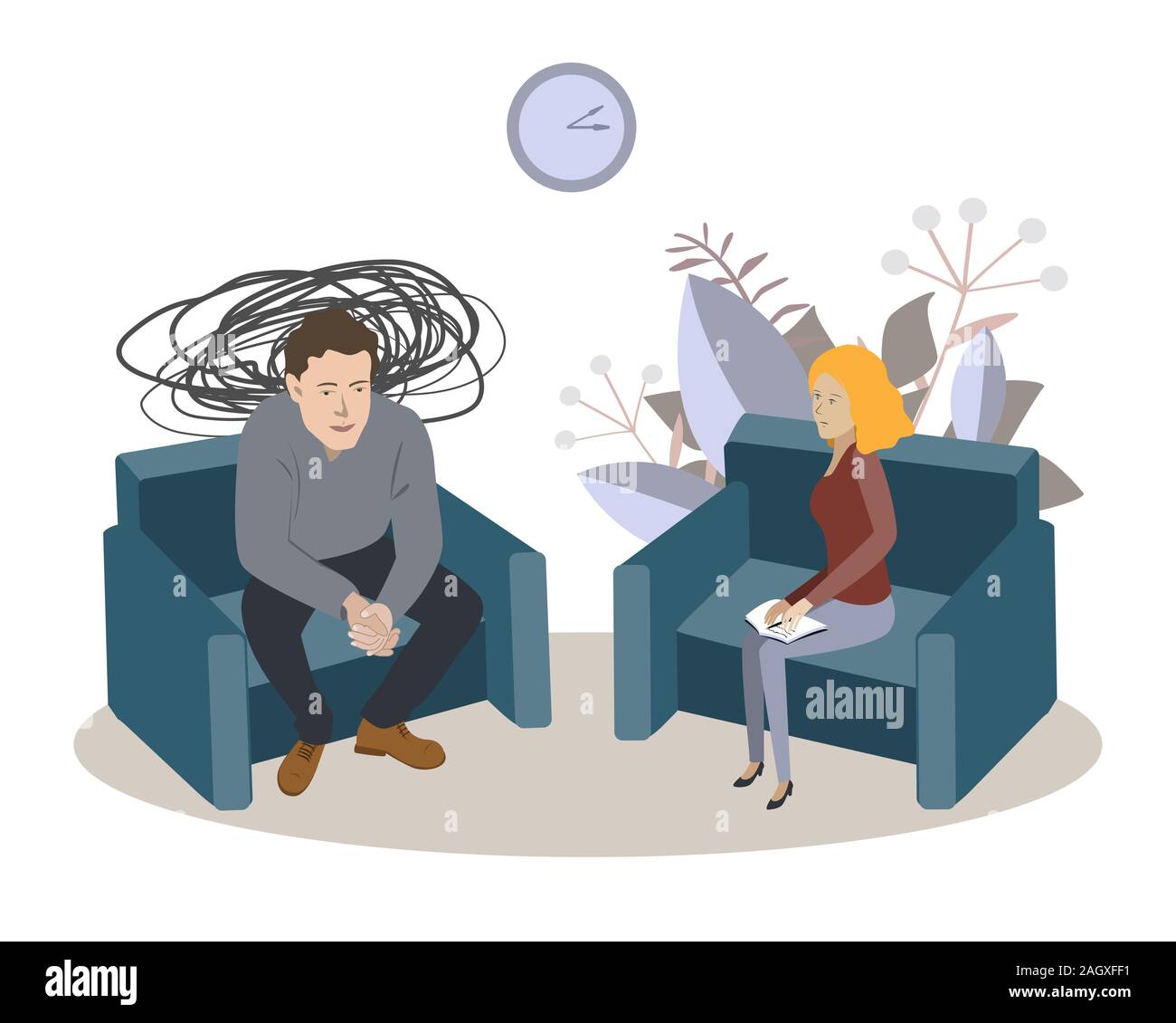 Vector cartoon illustrazione della psicoterapia. Uomo in depressione e la donna lo psicologo. Società concetto di psichiatria, società concetto di psichiatria Illustrazione Vettoriale