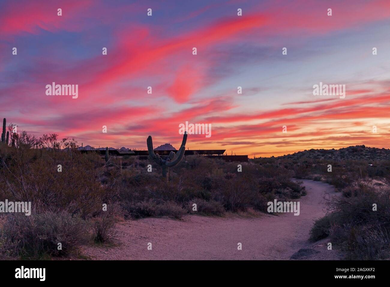 Il sentiero che conduce al sentiero edificio di testa al Browns Ranch parl & deserto preservare al tramonto in Scottsdale, AZ Foto Stock