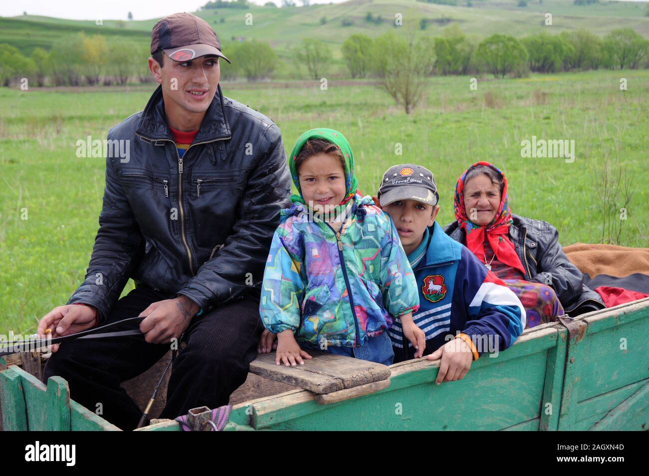 I giovani Romani persone famiglia su un cavallo wago, Romania Foto Stock