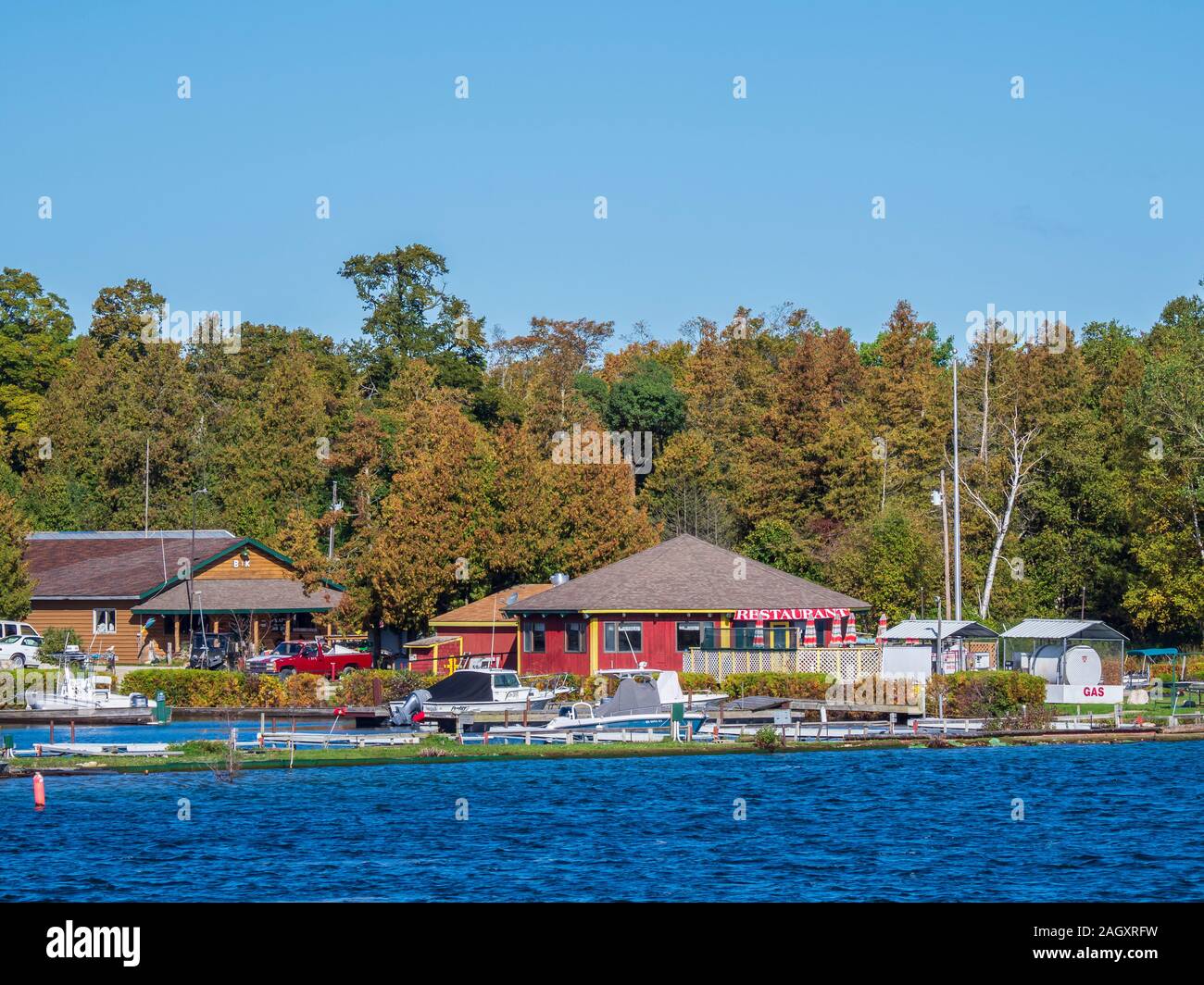Gli edifici del porto, Washington Isola, Door County, Wisconsin. Foto Stock