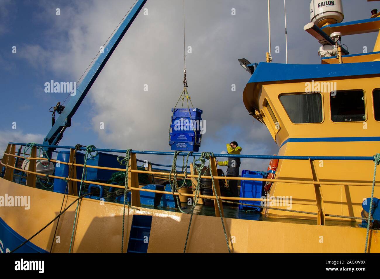 Peschereccio irlandese il suo sbarco delle catture in unione Hall Porto West Cork in Irlanda. Foto Stock