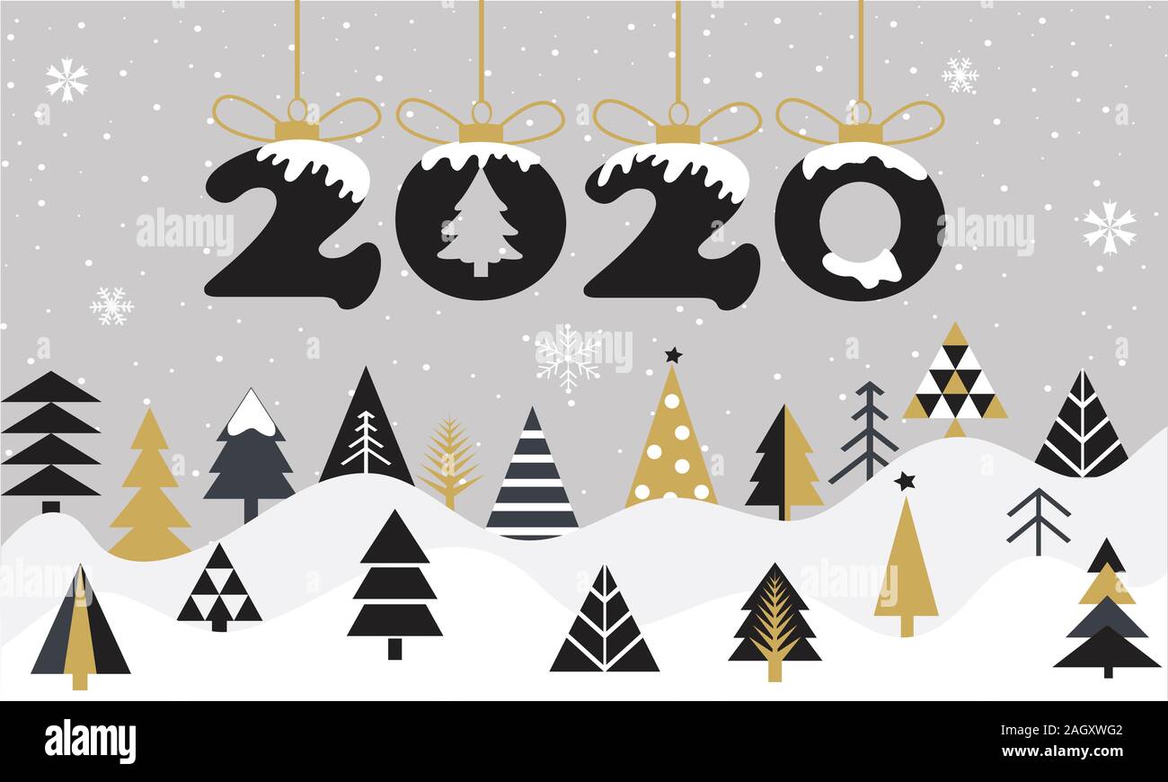 Cartoon felice anno nuovo, 2020 bigliettino. Inverno Vacanze di Natale sfondo Illustrazione Vettoriale