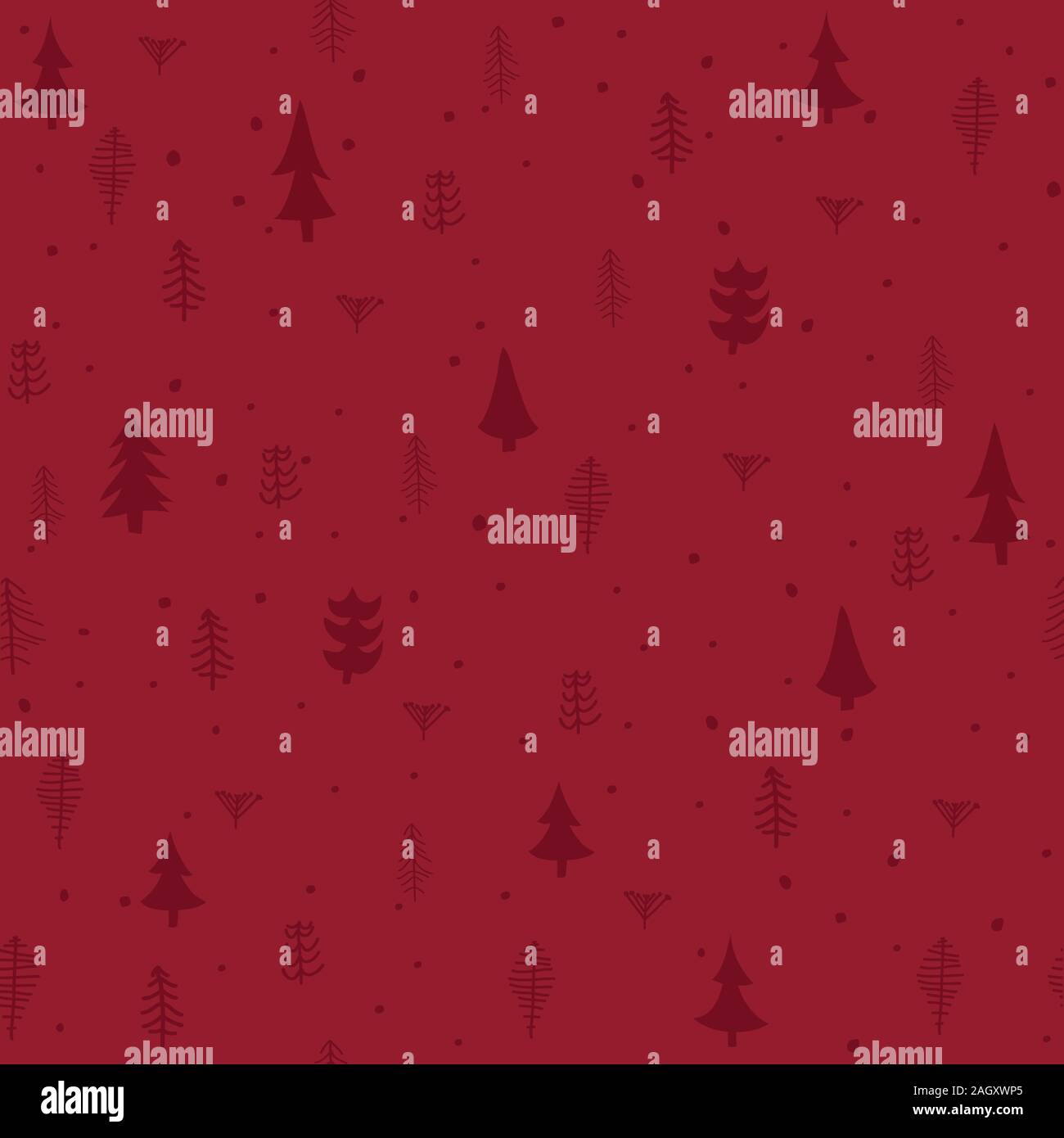 Alberi di Natale e i fiocchi di neve su uno sfondo di colore rosso. Disegnata a mano illustrazione vettoriale. Illustrazione Vettoriale