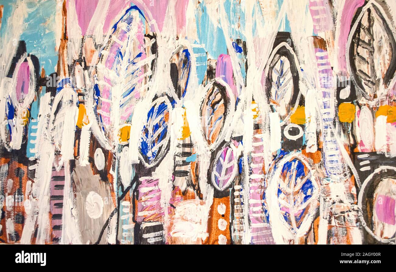 Disegnata a mano di pittura acrilica. L'arte astratta sfondo. Pittura Acrilica su tela di canapa. Colore e struttura. Frammento di opere d'arte. Pennellate di vernice. Ar moderno Foto Stock