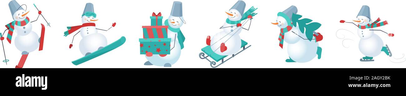 Set di sorridenti vettore pupazzi di neve in calde sciarpe isolato su bianco. L'inverno. Snowboard, pattinaggio, sci e slittino. Divertente nuovo anno eroi con Illustrazione Vettoriale