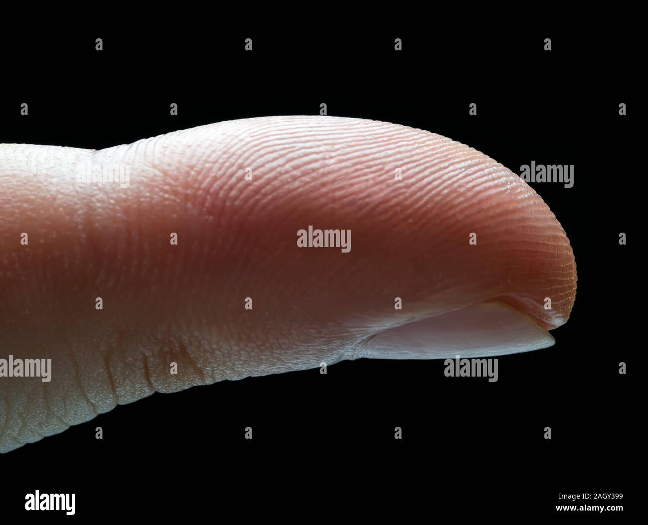 Fotografia del lato del dito indice con illuminazione che mostra le impronte digitali su sfondo nero. Foto Stock