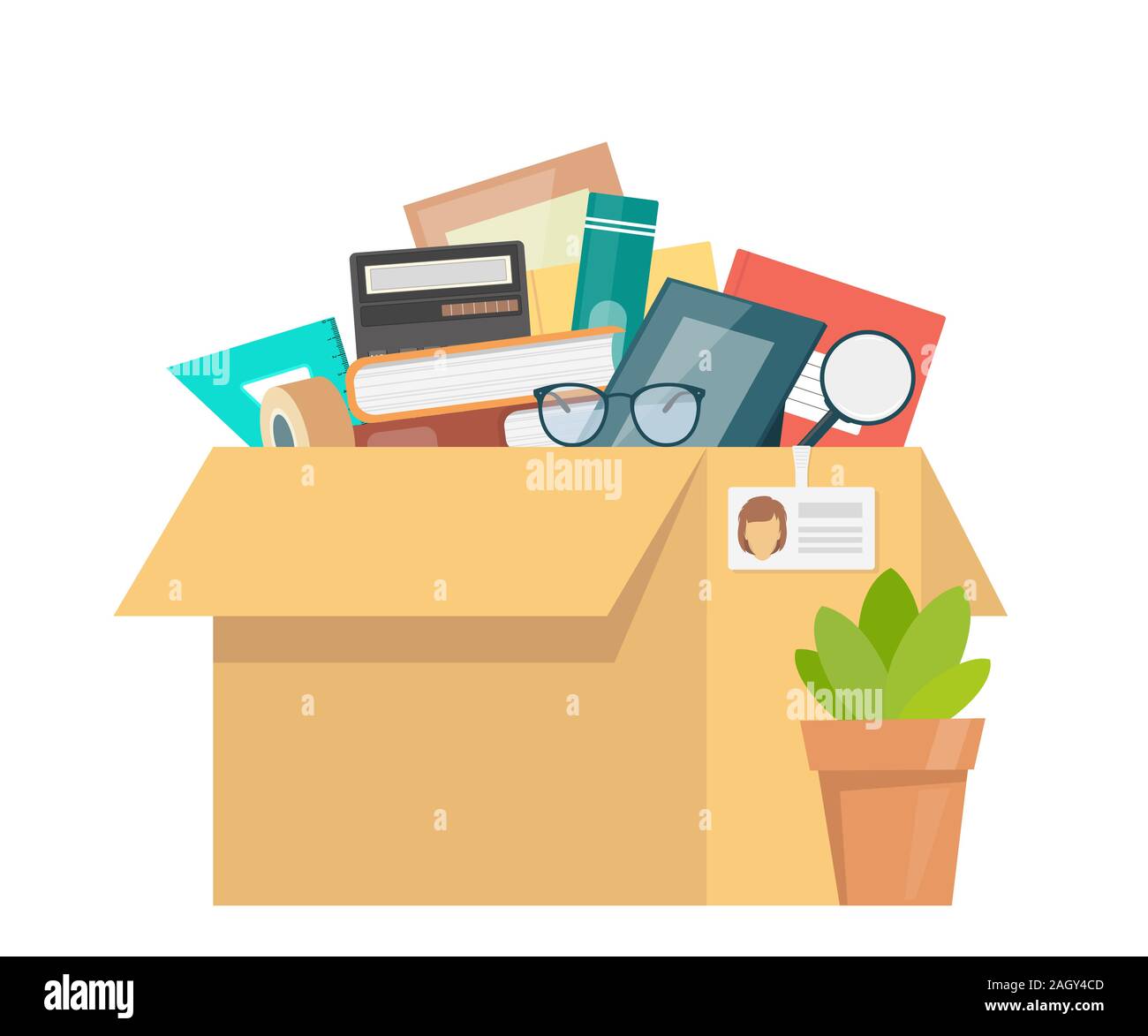 Accessori per ufficio in una scatola di cartone. Roba di lavoro, documenti, impianto, photo frame, calcolatrice, bicchieri. Entrando in un nuovo ufficio. In stile appartamento il vettore Illustrazione Vettoriale