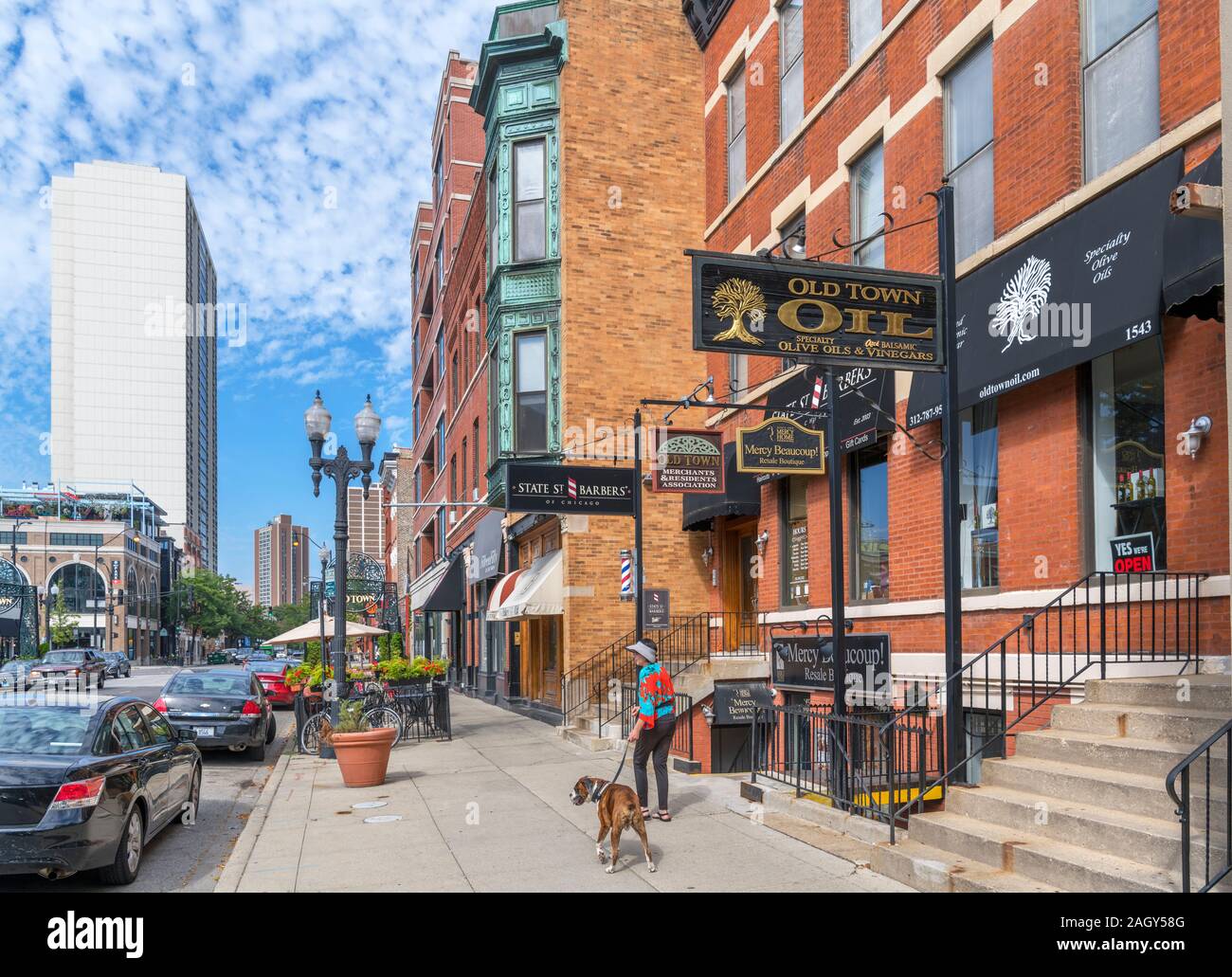 La donna a piedi un cane sul Nord Wells Street nella città vecchia, Chicago, Illinois, Stati Uniti d'America Foto Stock