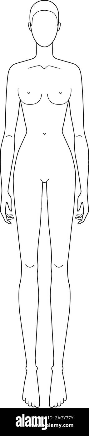 Modello di moda 9 testa per il disegno tecnico. Donna di figura vista frontale. Profilo di vettore ragazza modello modello per schizzo di moda per illustrazione moda. Illustrazione Vettoriale