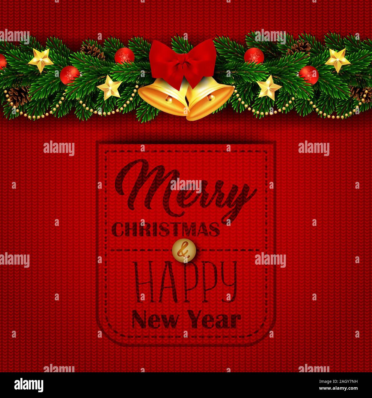 Natale biglietto di auguri. Maglia maglione rosso con un messaggio di testo  sulla tasca e decorate garland confine con ornamenti Foto stock - Alamy