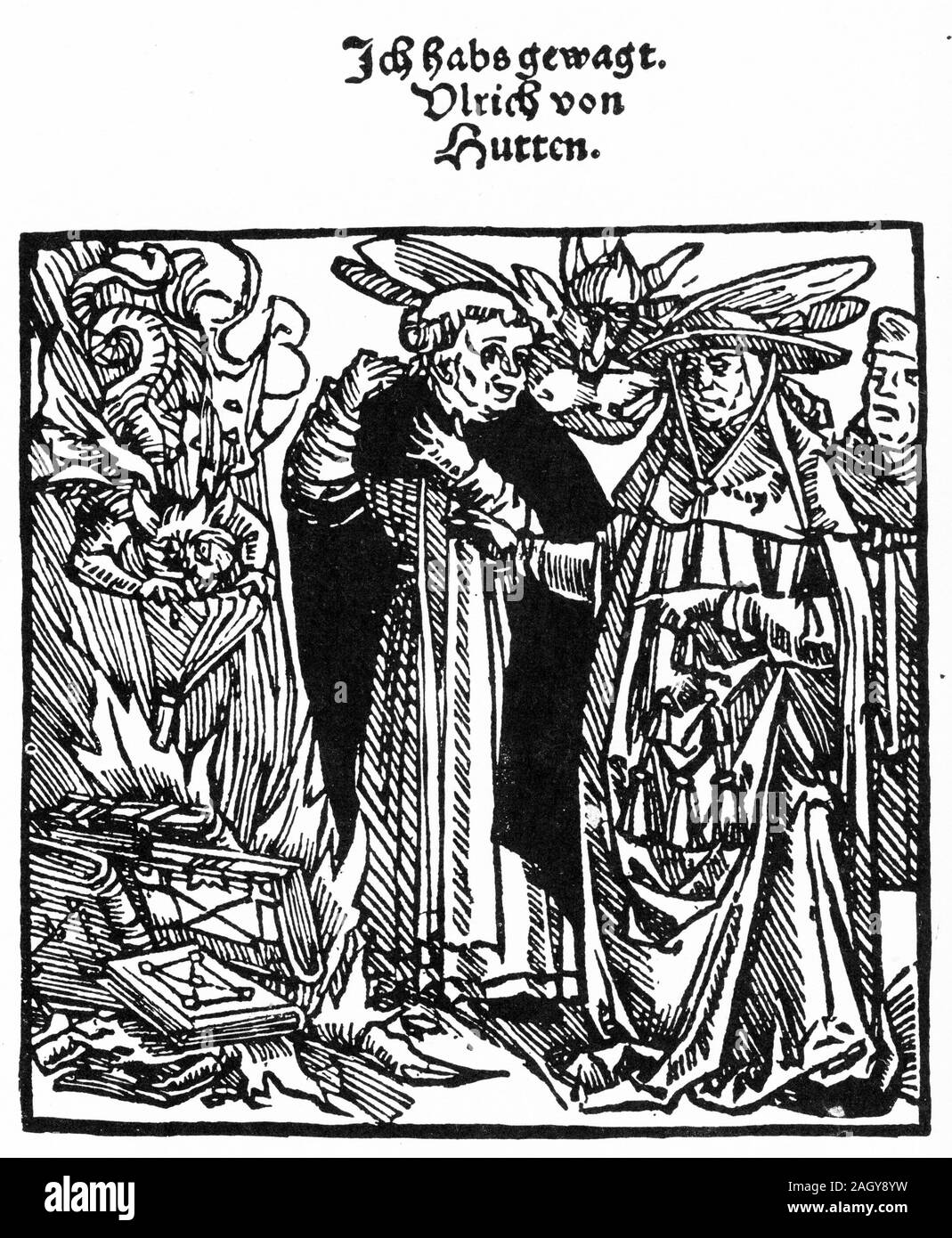 Pagina del titolo di un pamphlet in cui Ulrich Von Hutten proteste contro la bruciatura di Lutero di libri in Mainz. Pubblicato 1520-21. Foto Stock