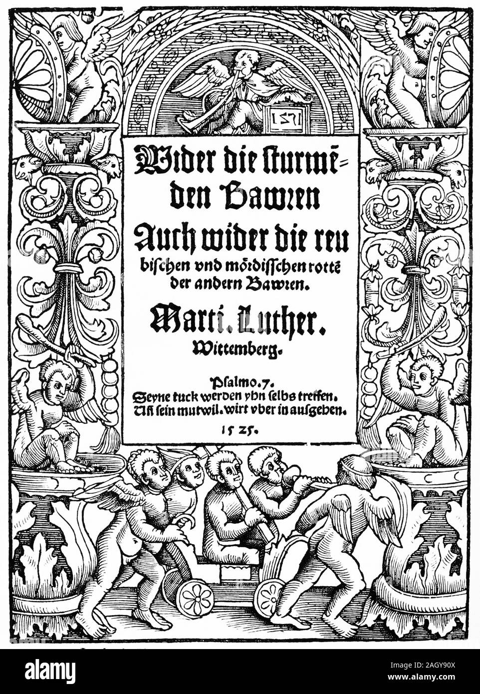 Titolo pagina di Martin Lutero di tratto, contro l'omicida e ladri di orde di contadini (tedesco: più ampia die Mordischen und Reubischen marcio der Bawren) scritto in risposta al tedesco della guerra dei contadini, 1525. Foto Stock