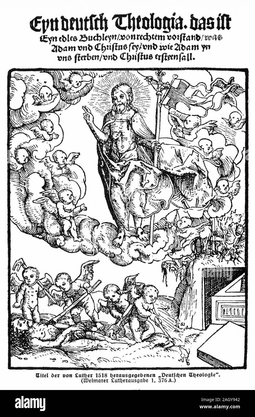 Coperchio inciso di una pubblicazione su una teologia tedesca nel 1518, l'avvio della Riforma Protestante Foto Stock