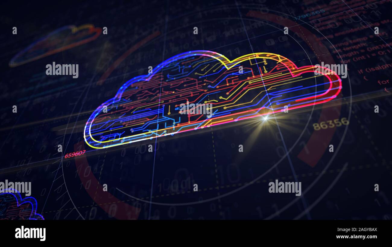 Cyber cloud progetto simbolo la creazione. Concetto astratto di archiviazione dei dati, database, computing, i server di archivio e di sicurezza dei documenti 3d'illustrazione. Dra Foto Stock