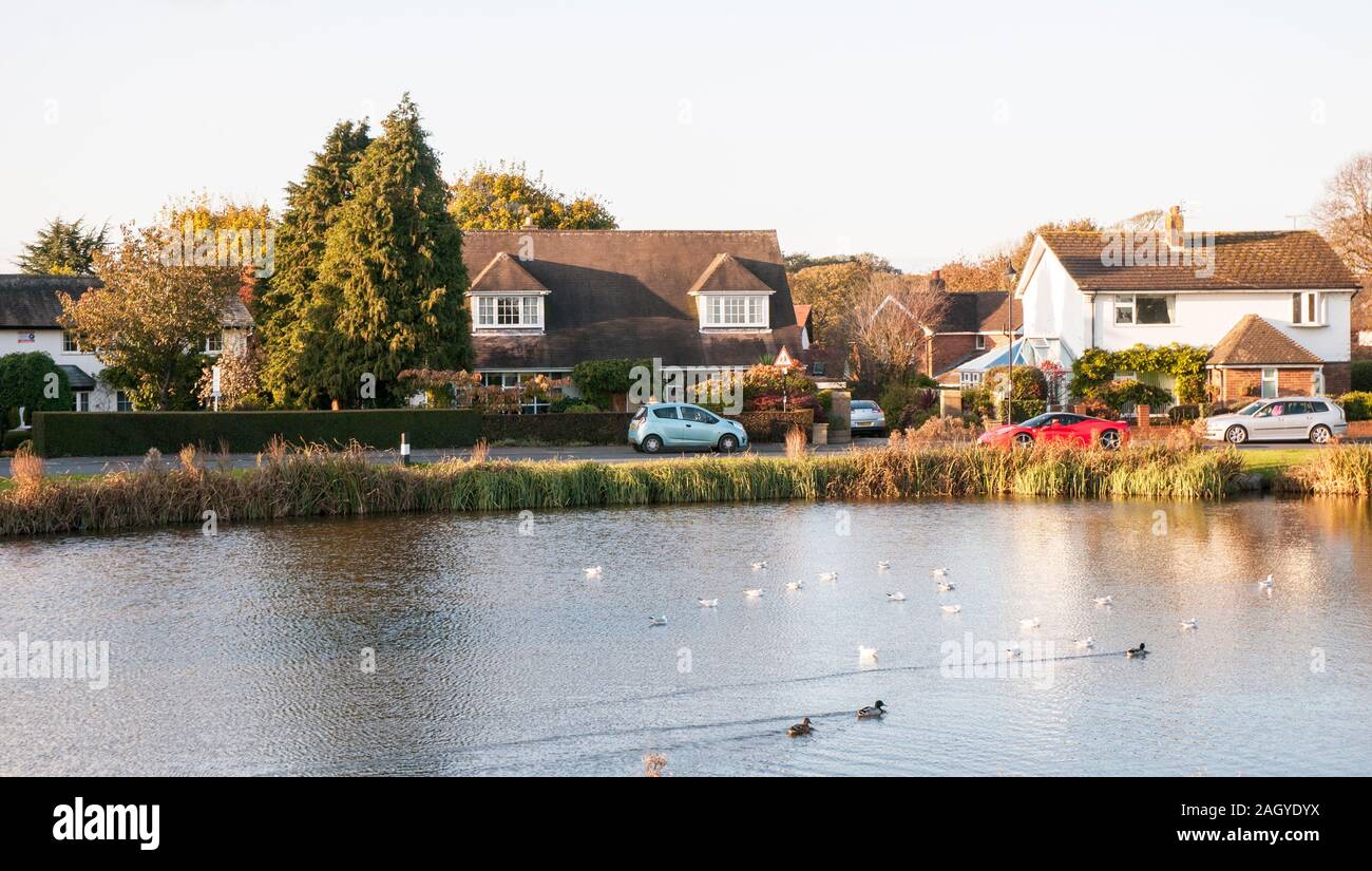 Autunno luce della sera su un Villaggio Inglese verde e Duck Pond a Wrea Green Lancashire England Regno Unito Foto Stock