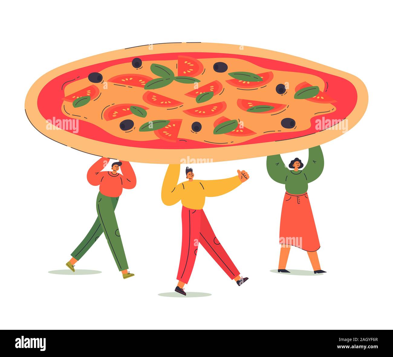 Diverse persone e tenere la pizza insieme.Consegna Illustrazione Vettoriale