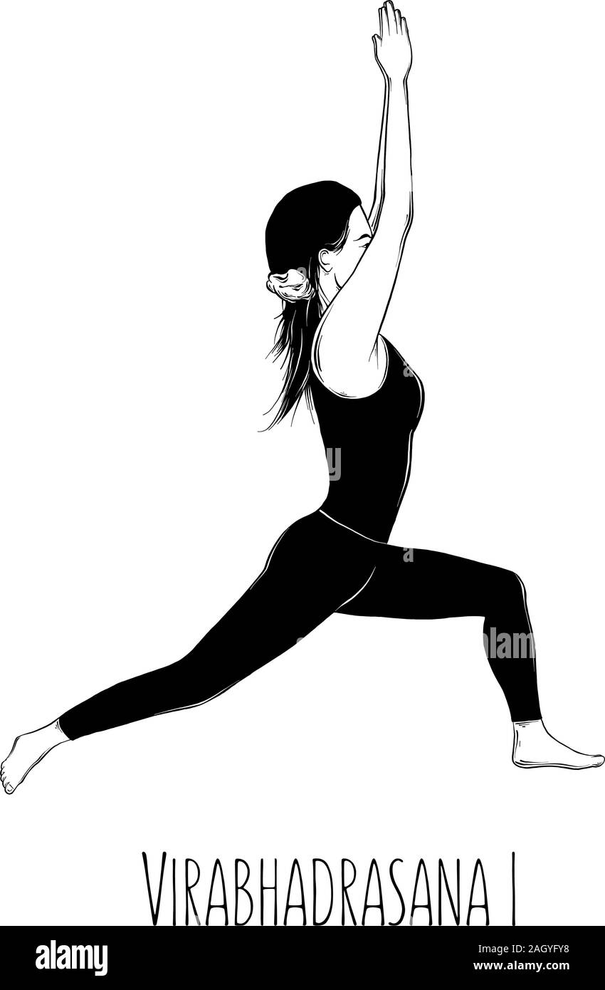 Illustrazione vettoriale yoga pongono Virabhadrasana I. ragazza fa esercizi yoga - vettore Illustrazione Vettoriale