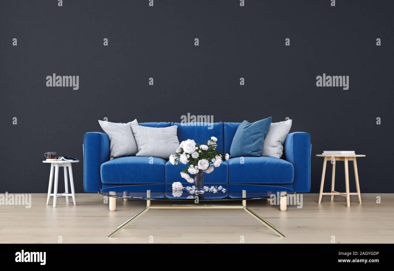 Mock up parete con blu royal divano in arredamento moderno sfondo, salotto stile scandinavo, 3D rendering 3D illustrazione Foto Stock