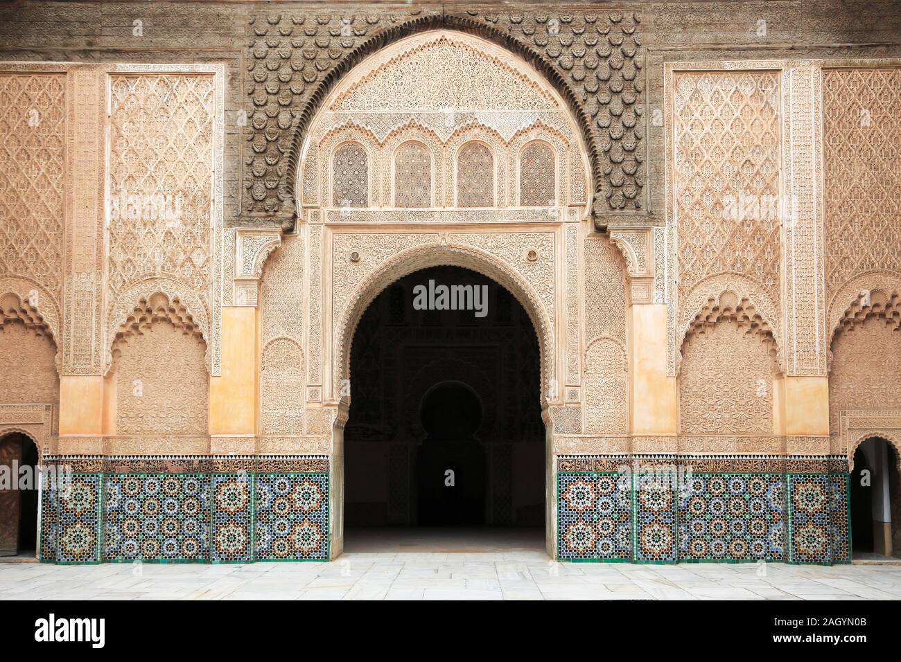 Medersa Ben Youssef, Madrasa, XVI secolo College, Sito Patrimonio Mondiale dell'UNESCO, Marrakesh , Marrakech, Marocco, Africa del Nord Foto Stock