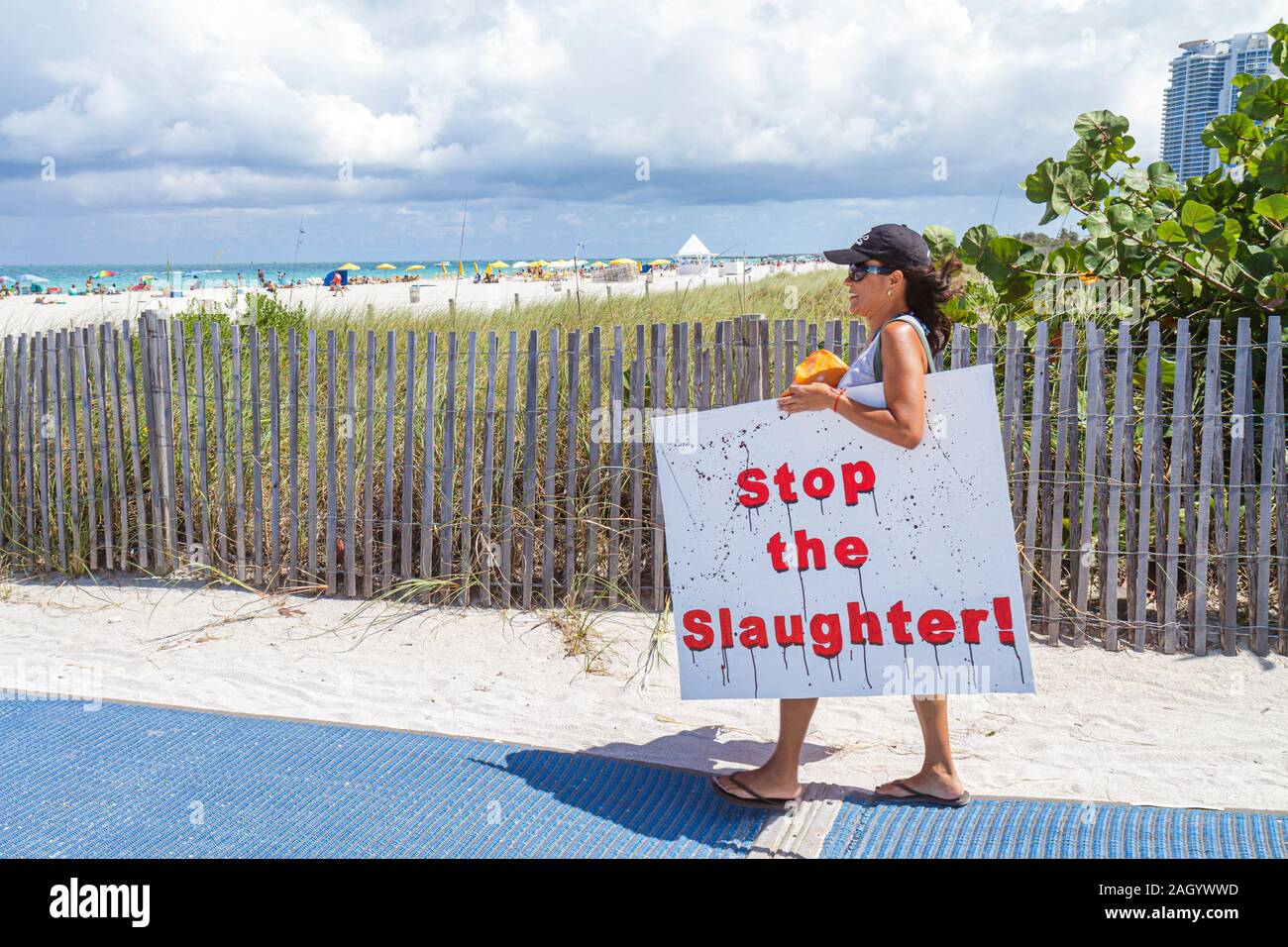 Miami Beach Florida,Greenpeace,dimostrazione,protesta,salvare le balene,segno,poster,donna donne,FL100526011 Foto Stock