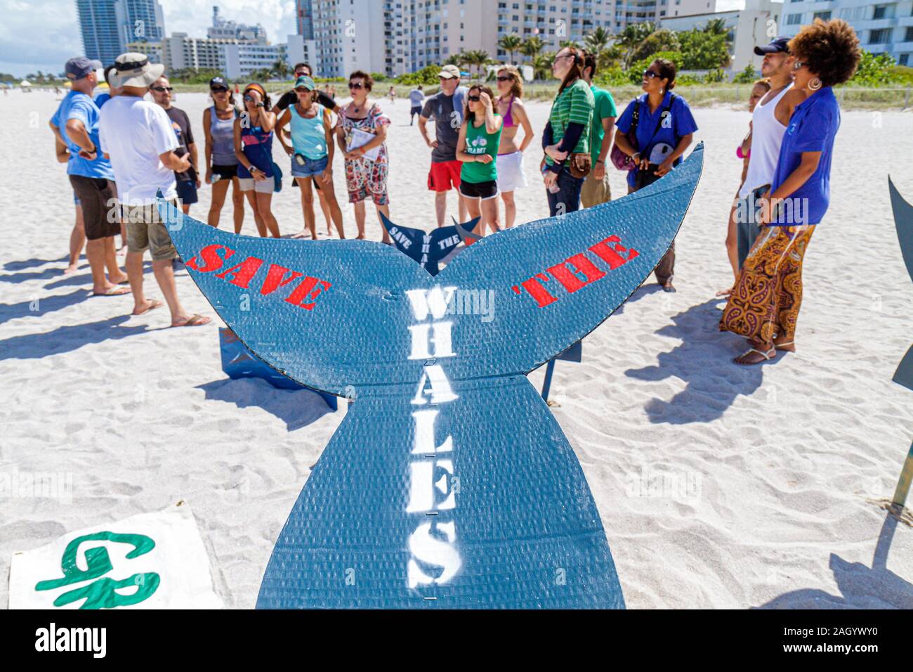 Miami Beach Florida,Greenpeace,dimostrazione,protesta,salvare le balene,organizzatore,organizzare,segno,gruppo,sostenitori,FL100526026 Foto Stock