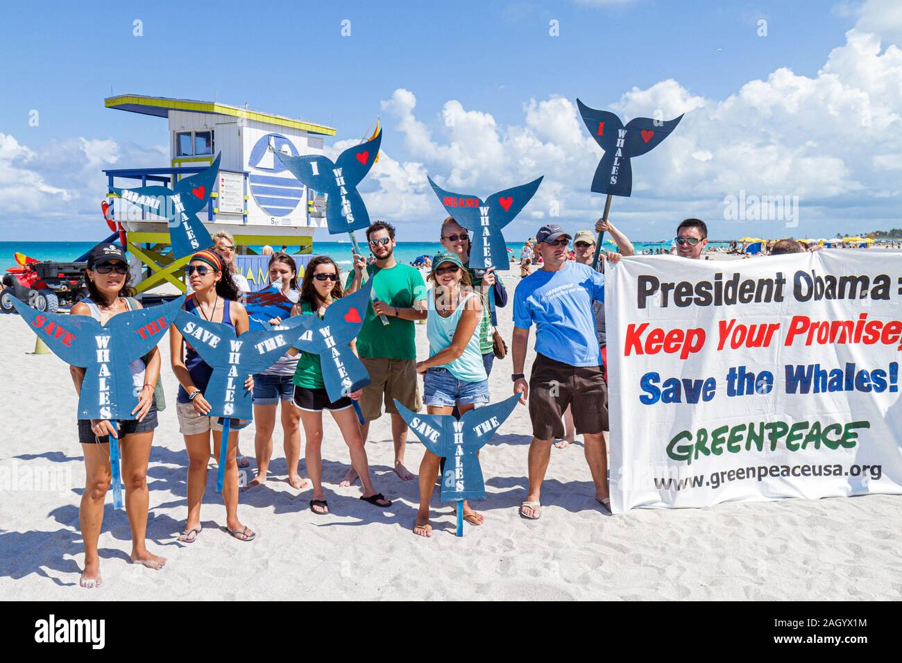 Miami Beach Florida,Greenpeace,dimostrazione,protesta,salvare le balene,segno,gruppo,sostenitori,FL100526031 Foto Stock