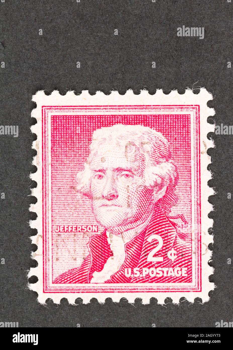 American francobollo con l ex presidente Thomas Jefferson su rosso due cento timbro definitivo da Liberty problema Foto Stock
