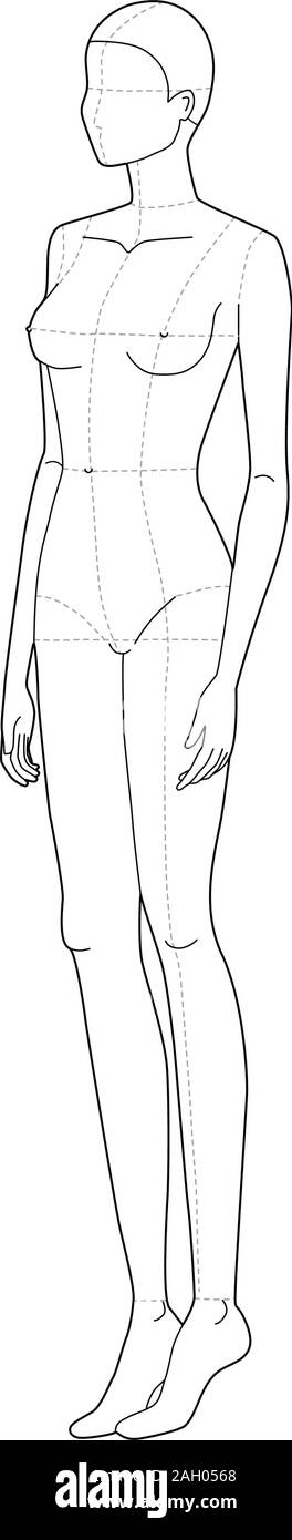Modello di moda 9 testa per il disegno tecnico con le linee principali. Donna di figura vista laterale. Profilo di vettore ragazza modello modello per schizzo di moda per illustrazione moda. Illustrazione Vettoriale