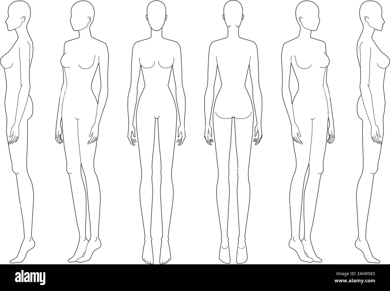 Modello di moda 9 testa per il disegno tecnico. Donna di figura anteriore, posteriore, 3-4 e vista laterale. Profilo di vettore ragazza modello modello per schizzo di moda per illustrazione moda. Illustrazione Vettoriale