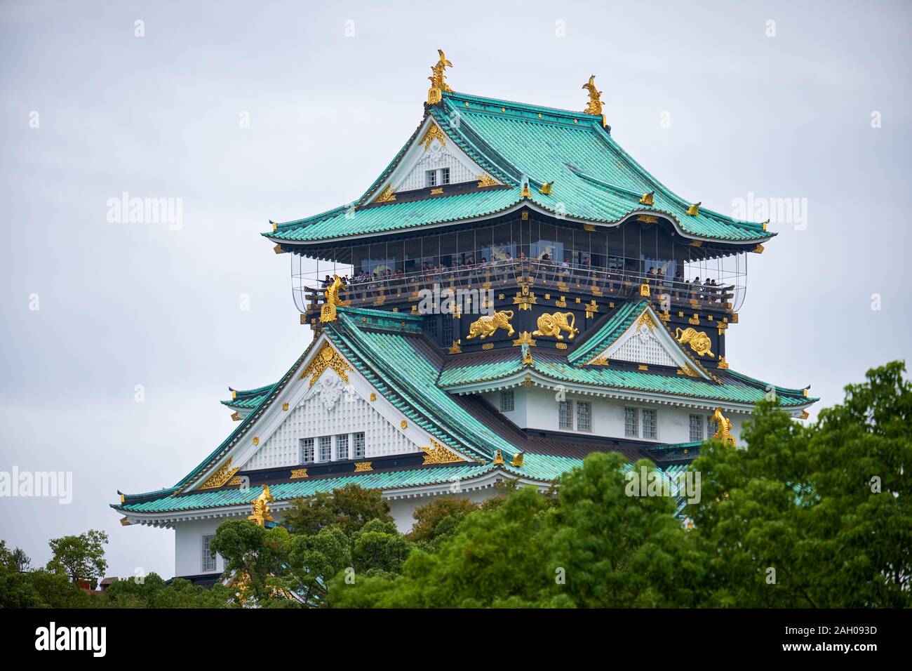 I cinque piani della Torre principale (Tenshu) del Castello di Osaka capped con hip-e-tetti a capanna (irimoya-hafu) con shachihoko finials. Osaka. Giappone Foto Stock