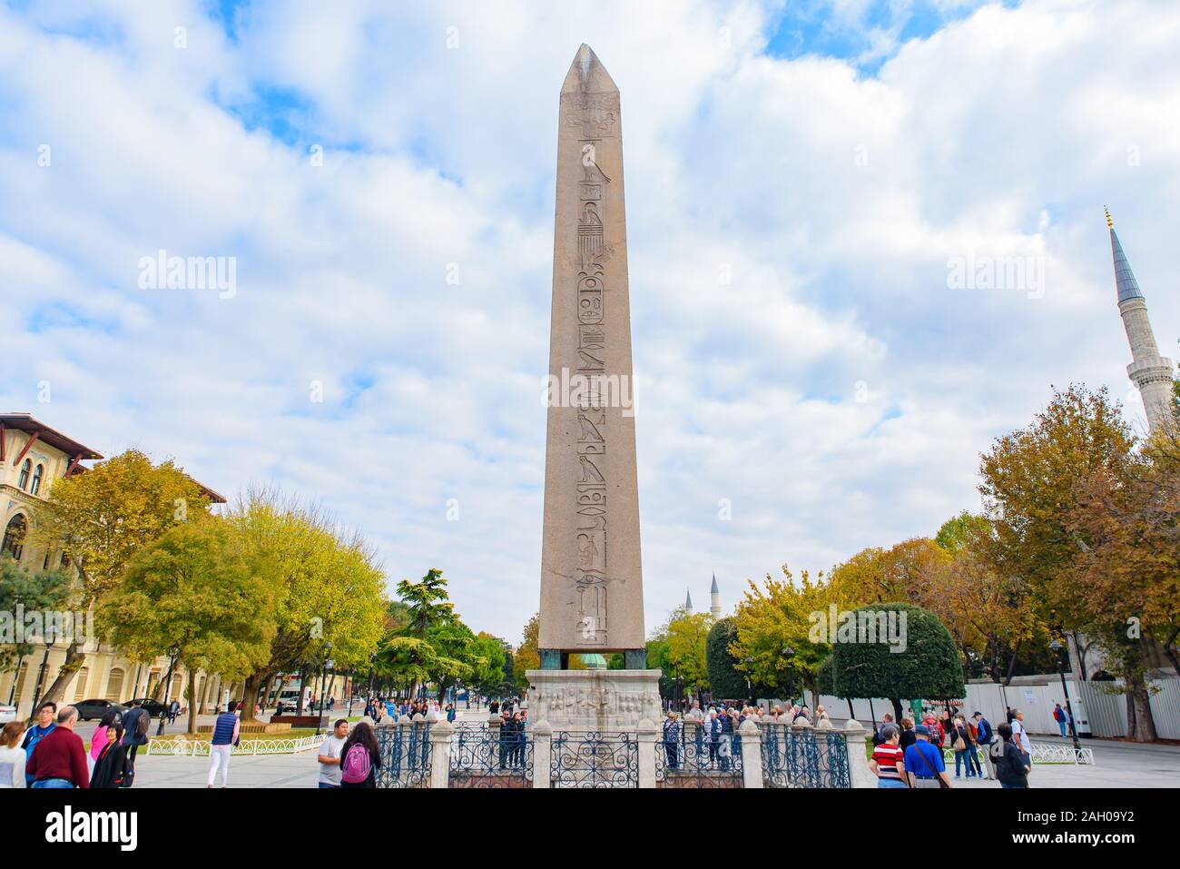 Obelisco di Teodosio, antico obelisco egiziano a Piazza Sultanahmet ad Istanbul in Turchia Foto Stock