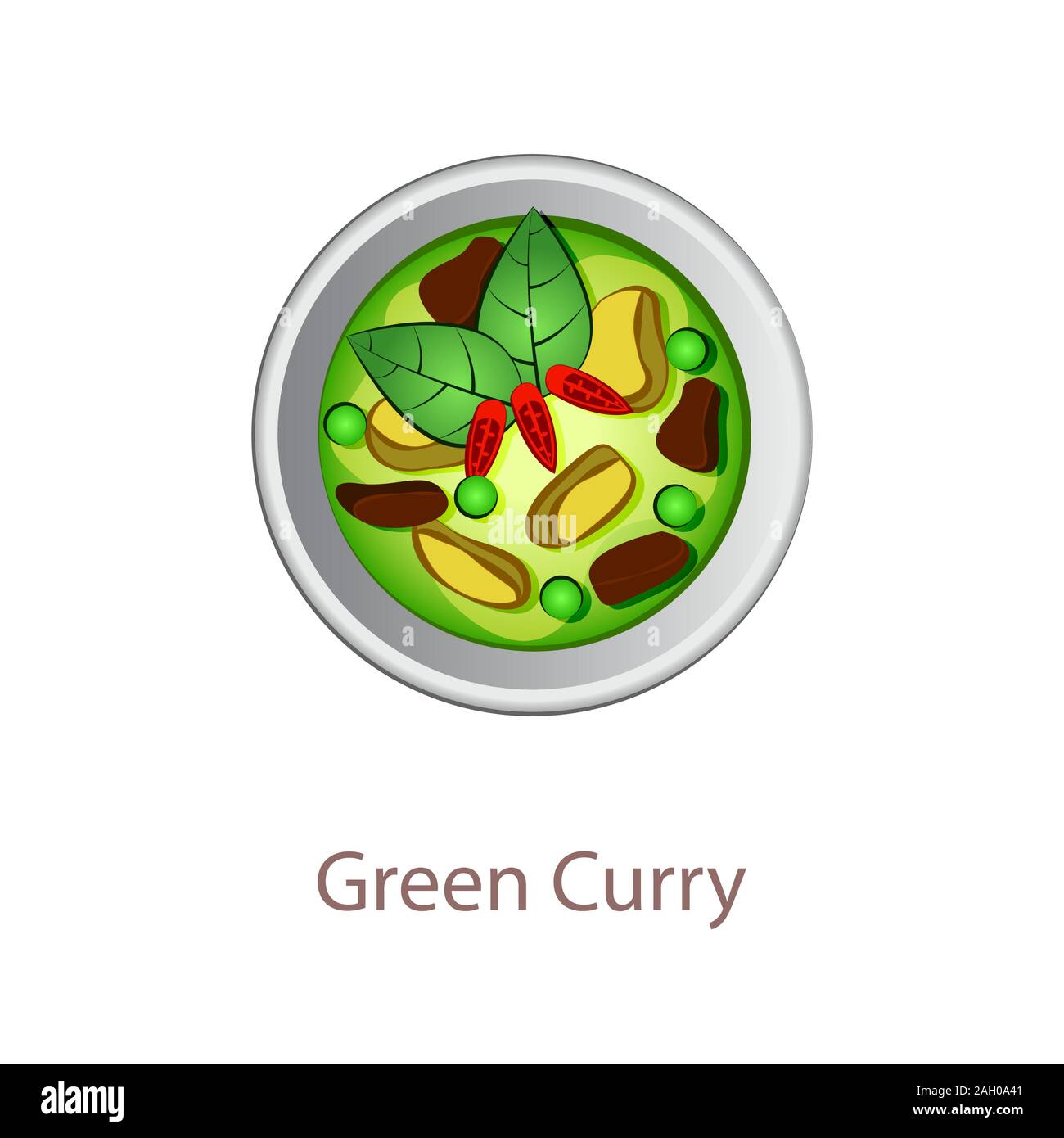 Vista superiore del cibo popolare della Thailandia,curry verde,in cartoon design vettoriali Illustrazione Vettoriale