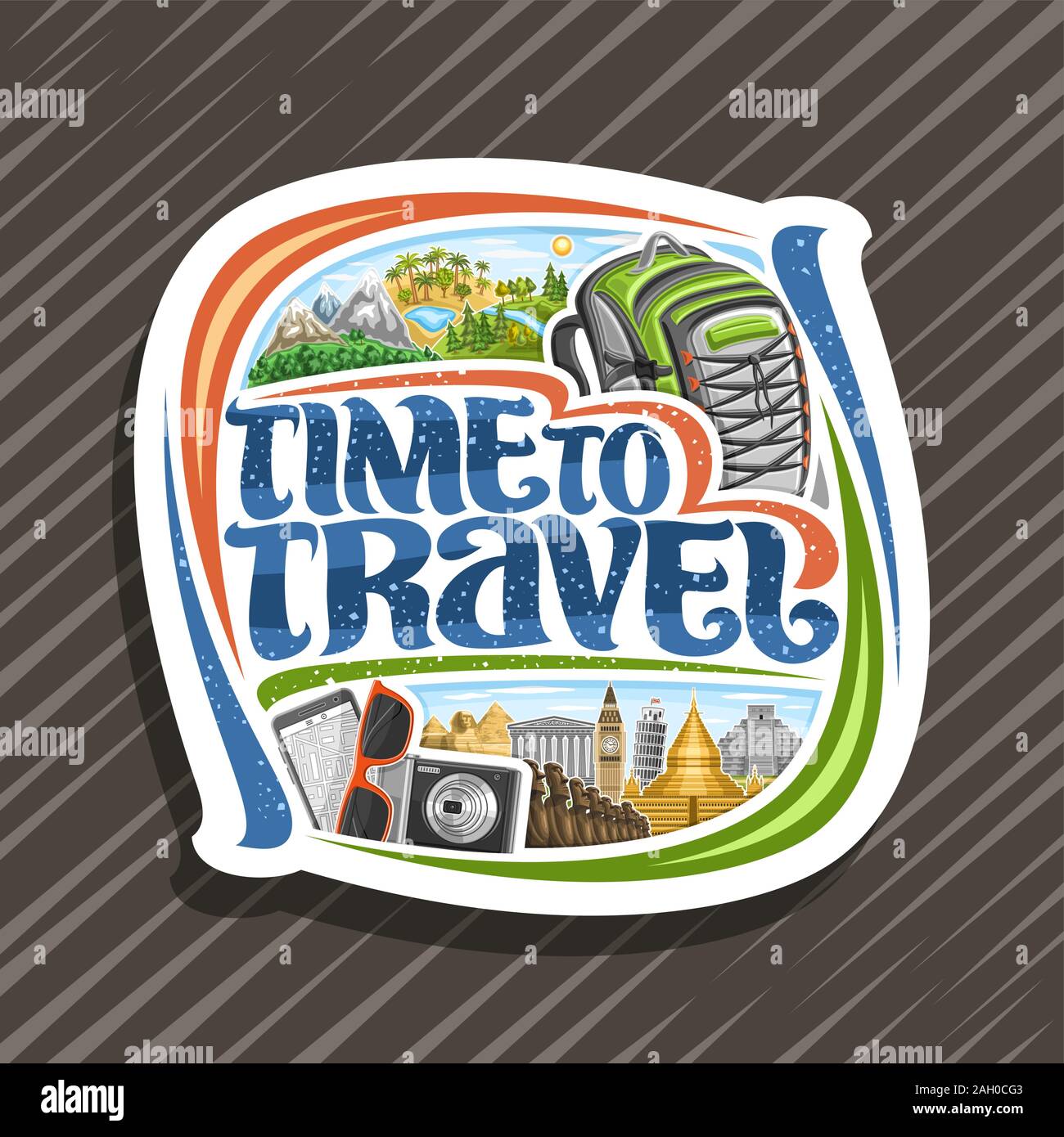Il logo del vettore per agenzia di viaggi, il taglio della carta sign con illustrazioni di internazionali famosi luoghi e monumenti, cartello bianco con carattere decorativo fo Illustrazione Vettoriale
