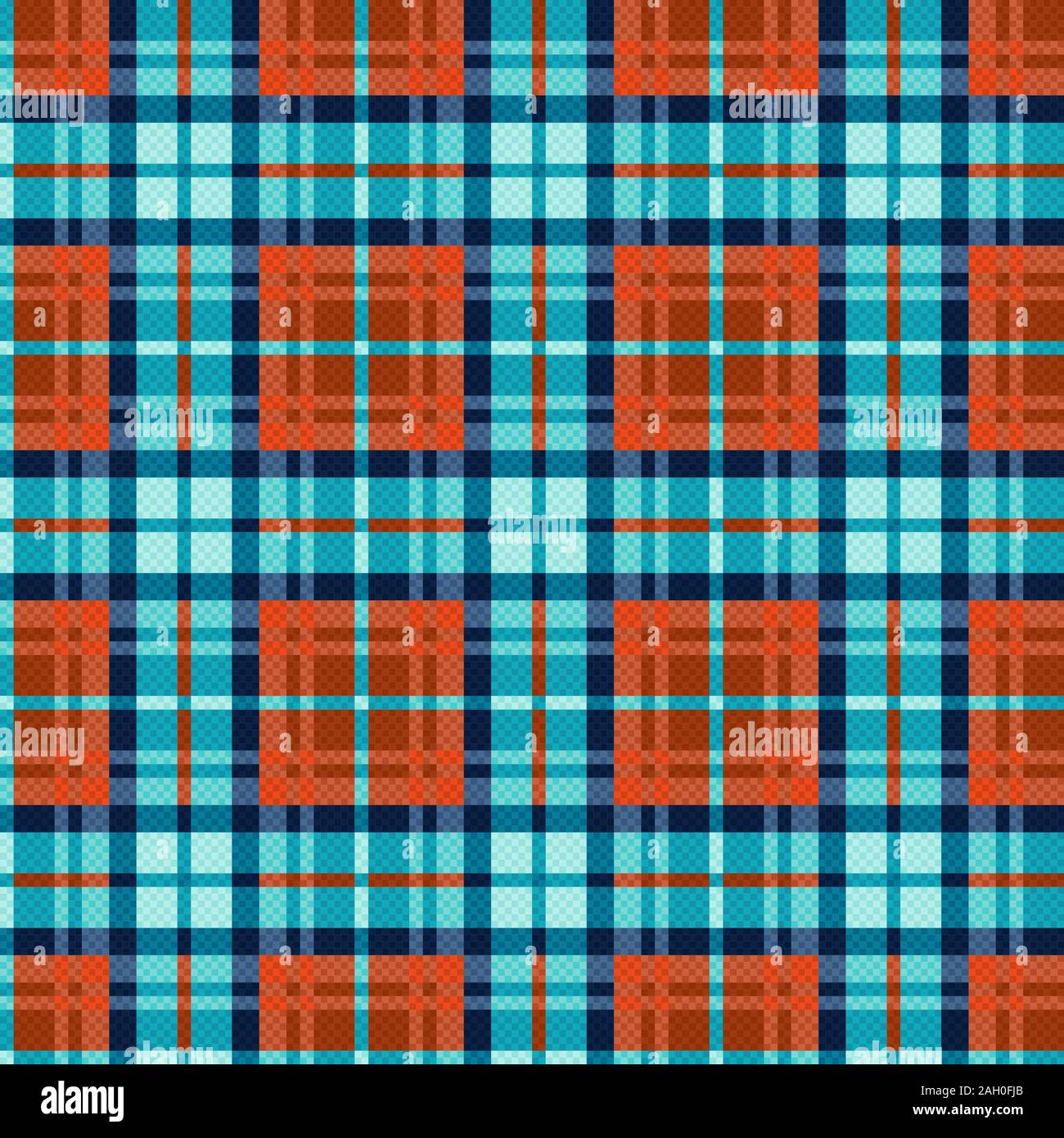 Seamless a scacchi in sfumature di turchese, blu e arancione con apparente effetto trasparenza, illustrazione pattern come un tartan plaid Illustrazione Vettoriale