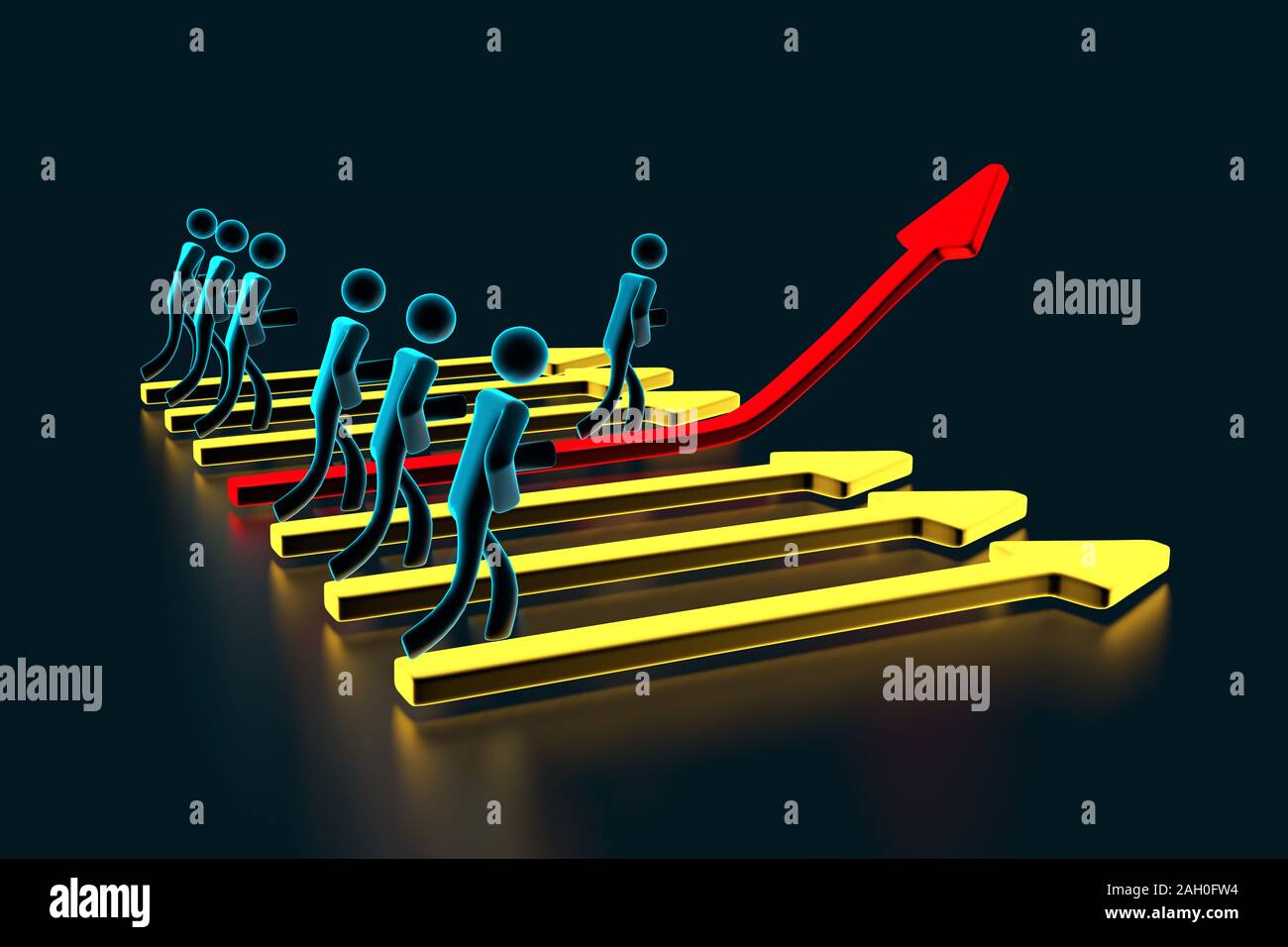 3d uomo, persona salendo sulla freccia rossa. 3d persone imprenditore sorge in base alla pianificazione. Il rendering 3D Foto Stock