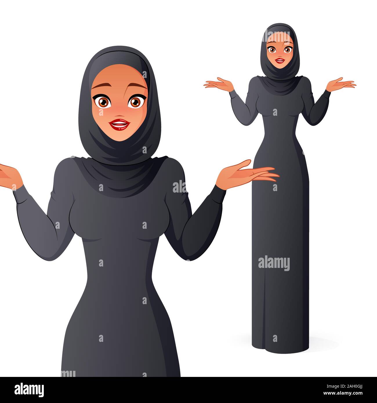 Domande giovane bella donna musulmana in hijab scrollare le spalle. Illustrazione di vettore isolato su sfondo bianco. Illustrazione Vettoriale