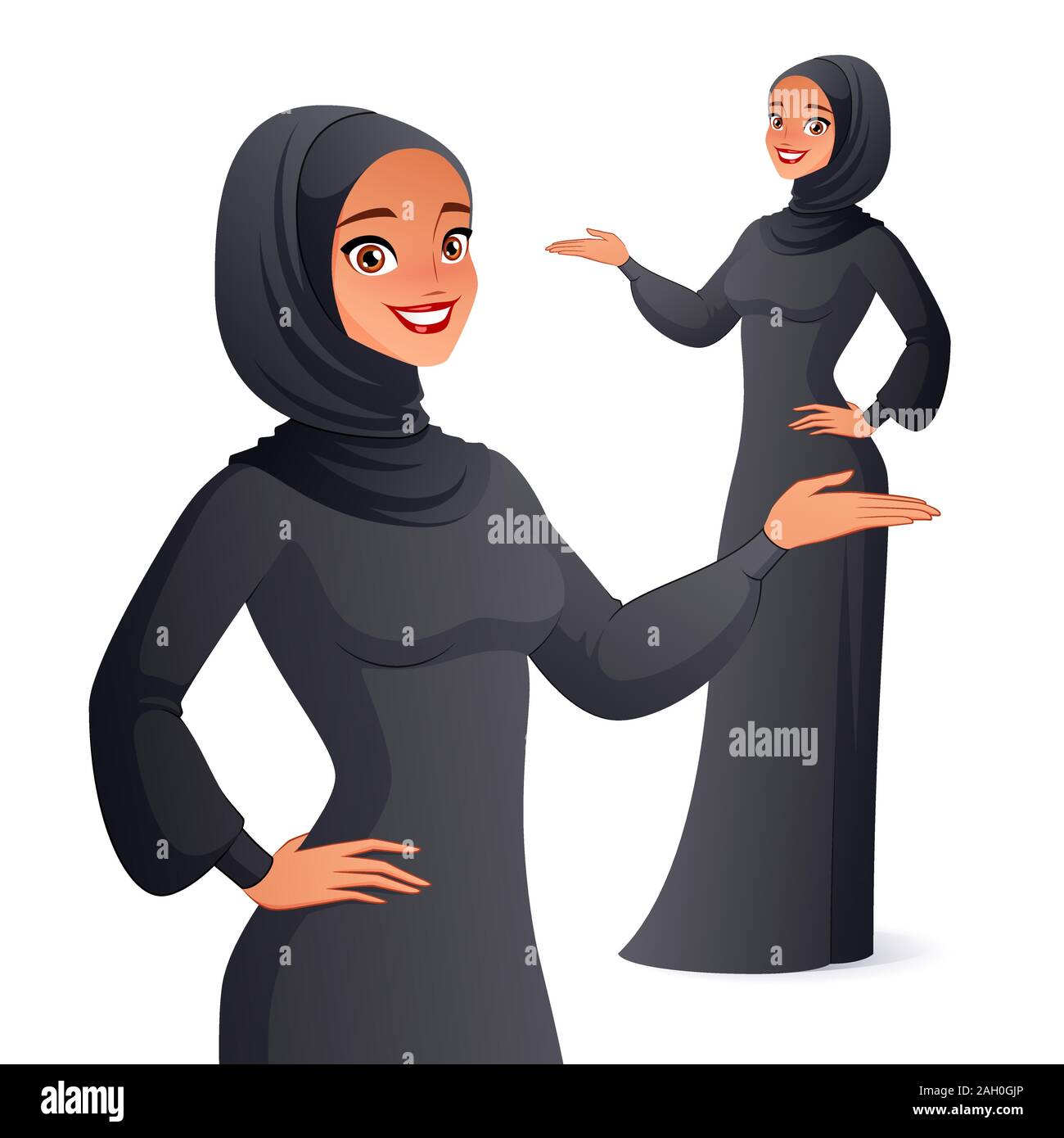 Bellissimo vestito tradizionale arabo donna musulmana in hijab presentando. Illustrazione di vettore isolato su sfondo bianco. Illustrazione Vettoriale