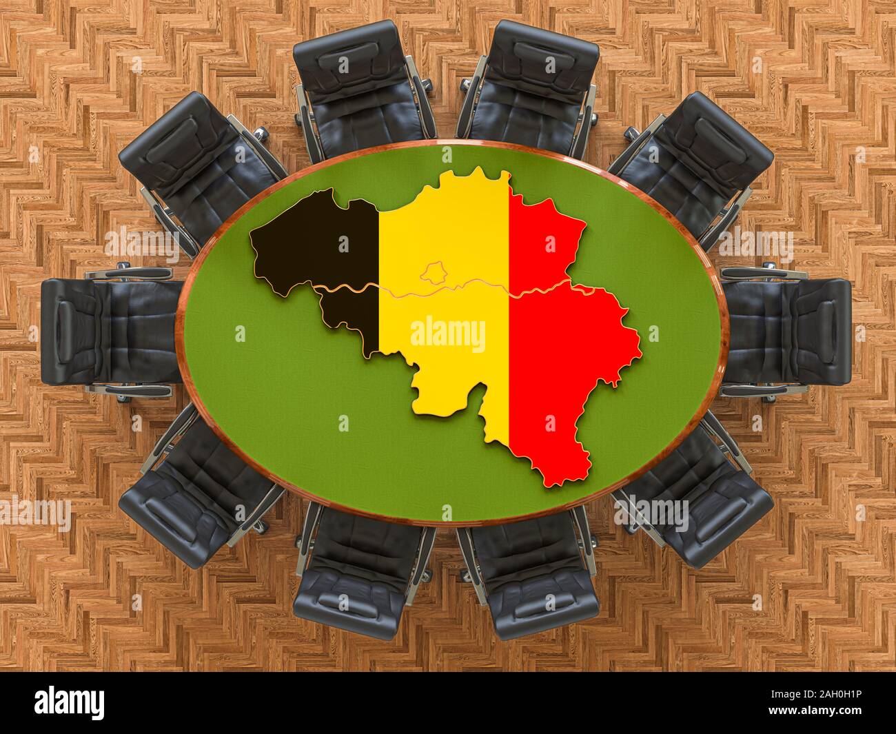 Del governo belga di riunione. Mappa del Belgio sulla tavola rotonda, rendering 3D Foto Stock