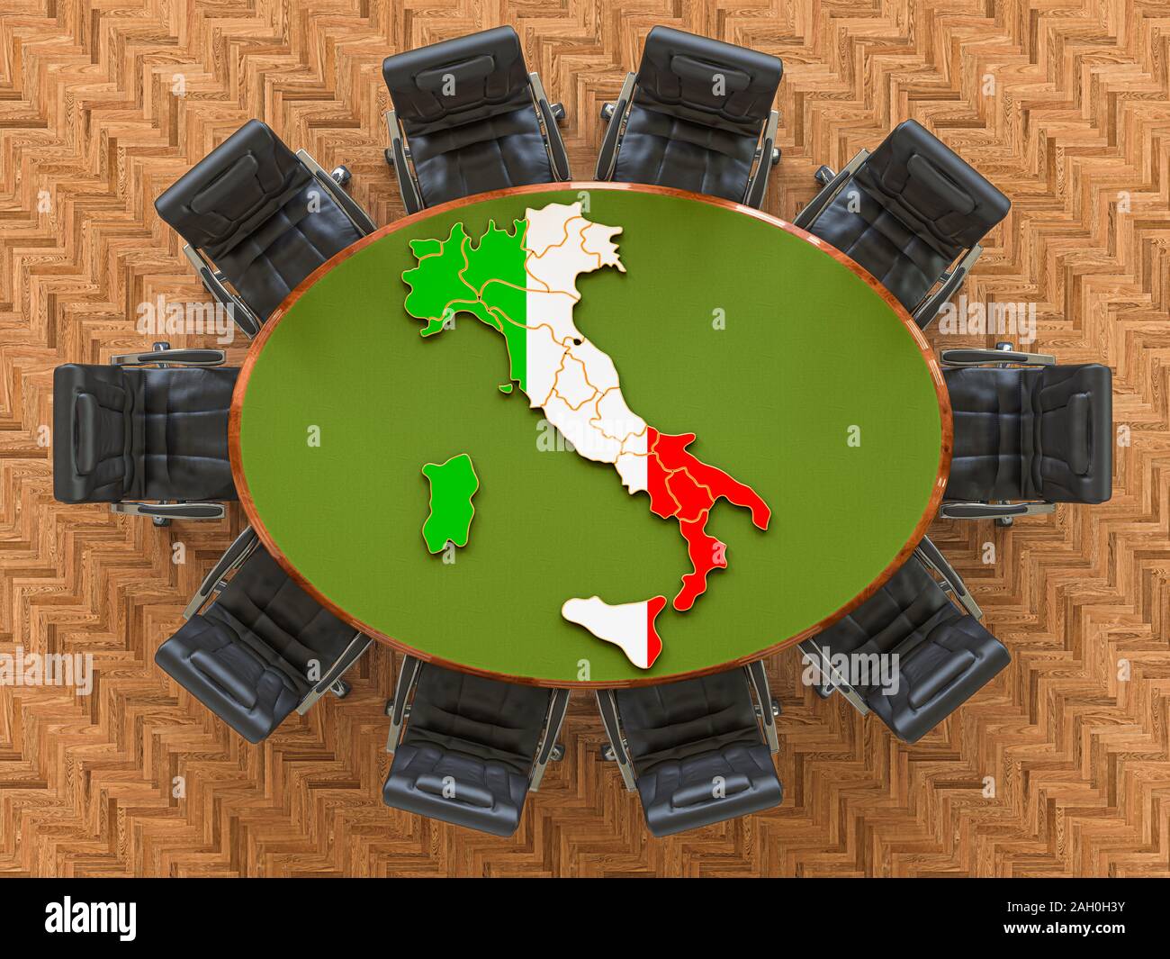 Le amministrazioni italiane incontro. Mappa di Italia sulla tavola rotonda, rendering 3D Foto Stock