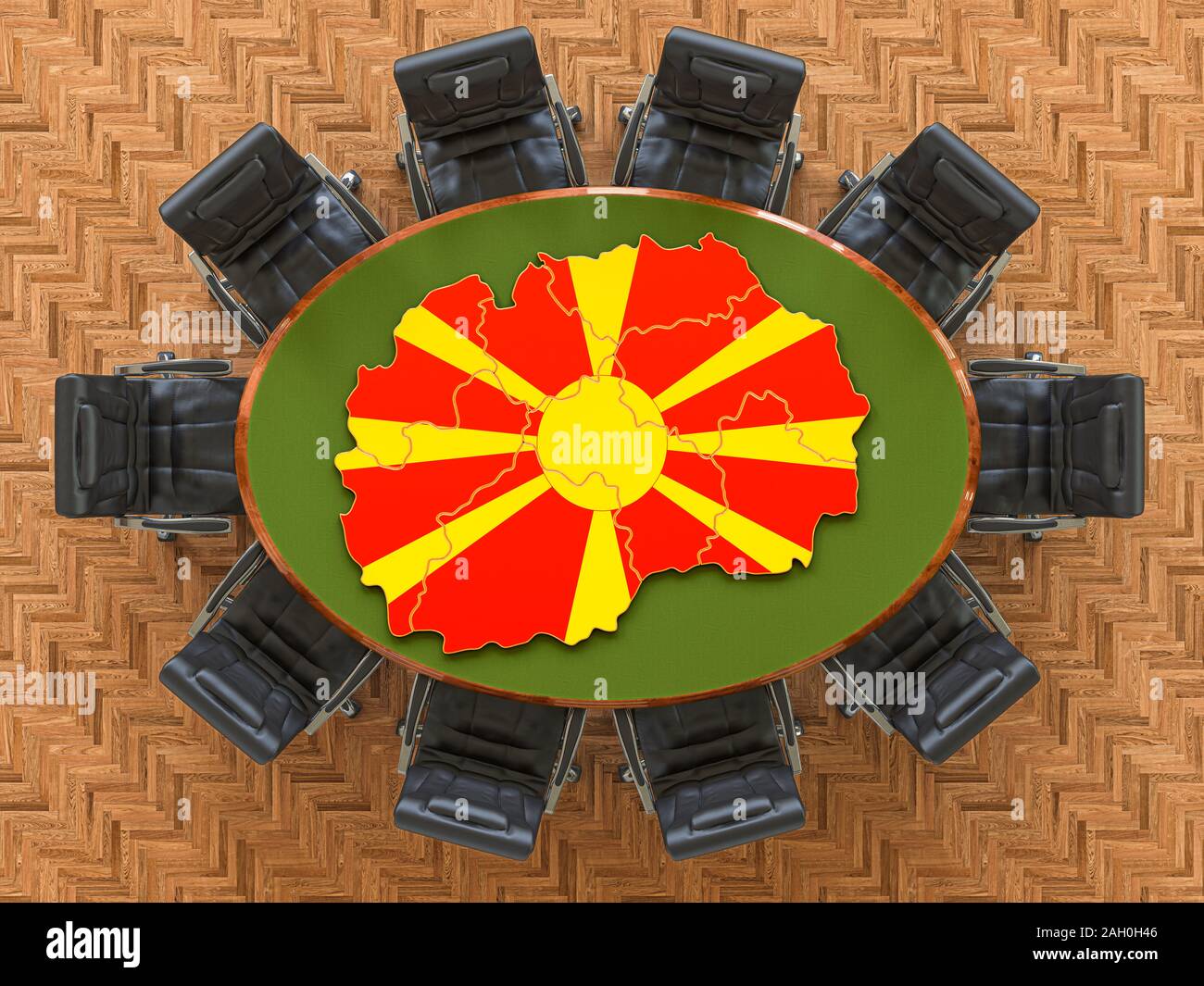 Del governo macedone incontro. Mappa di Macedonia sulla tavola rotonda, rendering 3D Foto Stock